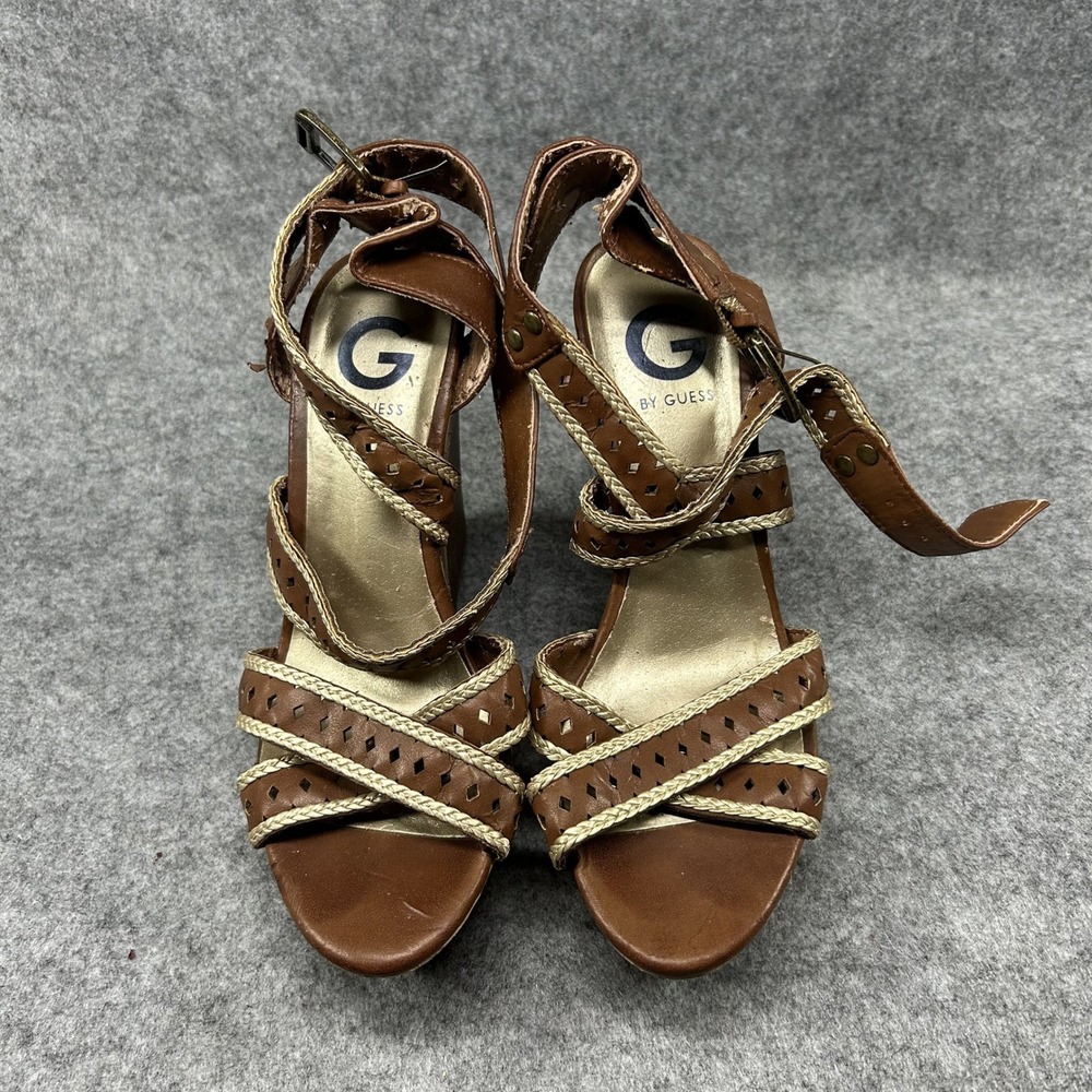 G by Guess Strappy Platform Wedges 6 Brown Laser Cut Metallic Accents
